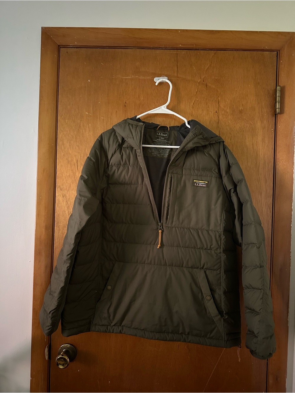 L.L. Bean Olive Hooded Quilted Puffer Pullover